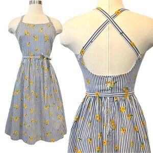 Vintage Serbin Blue Striped Yellow Floral Fit & Flare Pinafore Sundress Dress